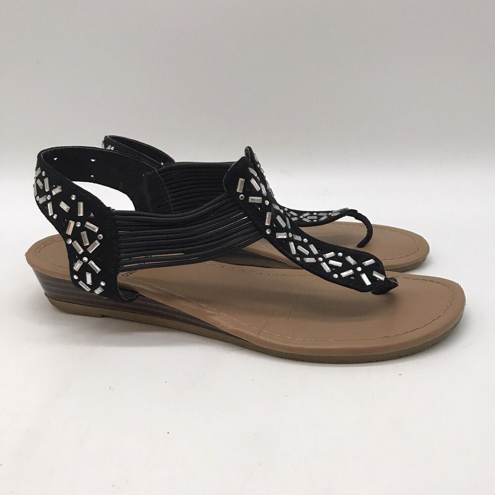 Daisy Fuentes Wedge Thong Sandals Women's 6 Black Gem Slingback Flip Flop Shoes